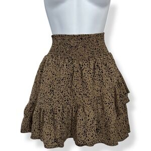 NEW Altar'd State High Waist Mini Skirt‎ Size S Black Tan Leopard Print Ruffles
